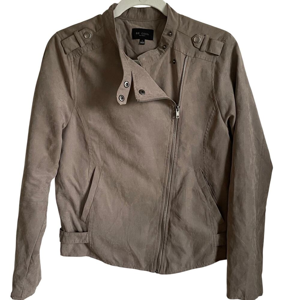 Be Cool Los Angeles Moto Jacket Sz L Full Zip Lined Faux Suede Taupe Neutral